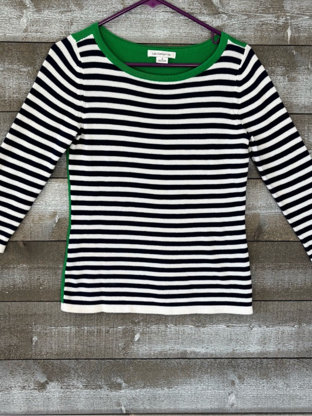 Liz Claiborne Green, Navy & White Striped Top